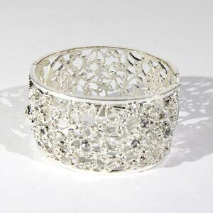 Vintage Filigree Design Silver-Tone Cuff Bracelet with Clear Rhinestones